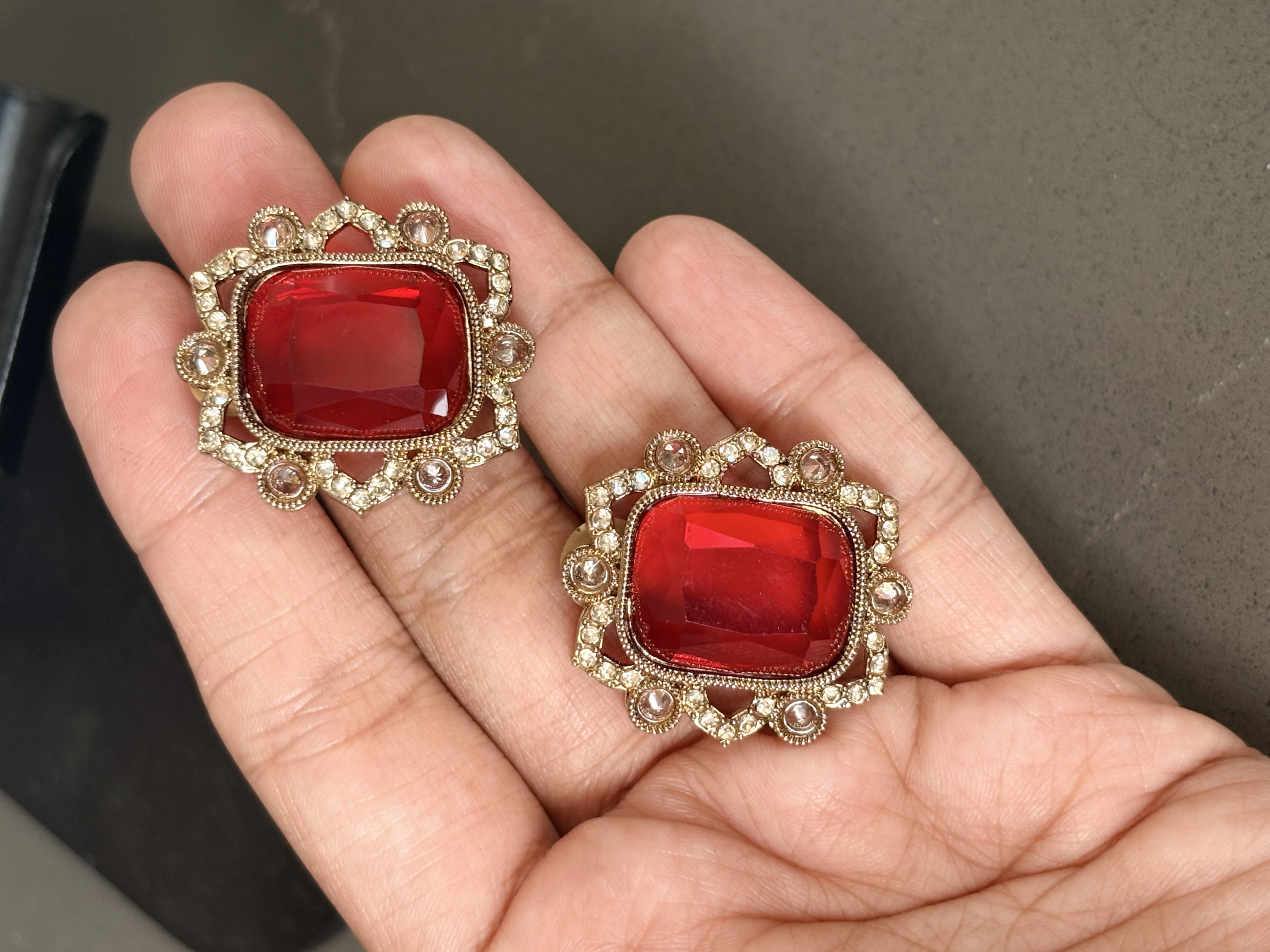 Statement red square stone earrings